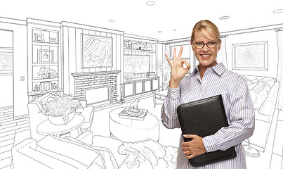 Image showing Woman with Okay Sign Over Living Room Drawing Photo