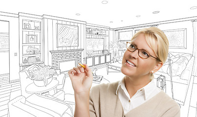 Image showing Woman With Pencil Over Living Room Design Drawing