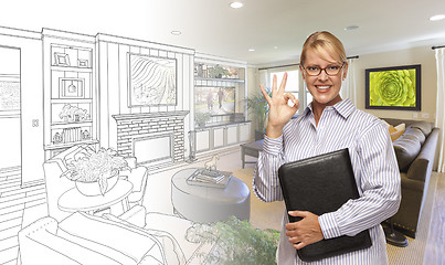 Image showing Woman with Okay Sign Over Bedroom Drawing and Photo Combination