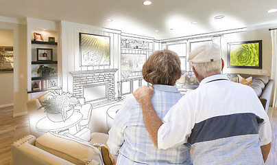 Image showing Senior Couple Looking Over Custom Living Room Design Drawing Pho