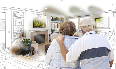 Image showing Senior Couple Looking Over Custom Living Room Design Drawing Pho