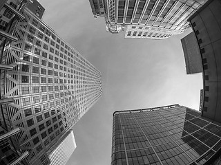 Image showing Canary Wharf skyline in London in black and white