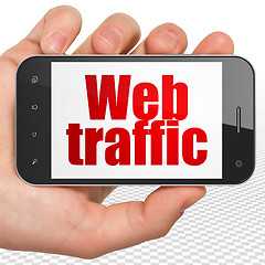 Image showing Web design concept: Hand Holding Smartphone with Web Traffic on display