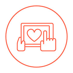 Image showing Hands holding tablet with heart sign line icon.