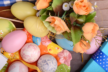 Image showing Easter background with eggs, ribbons and spring decoration