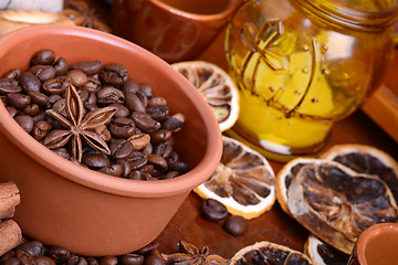 Image showing orange and lemon, coffee beans and cinnamon on wooden brown background.