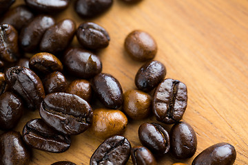 Image showing Close up of roasted Coffee bean on wooden table