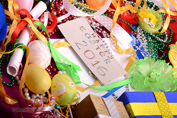 Image showing Easter background with eggs, ribbons and spring decoration