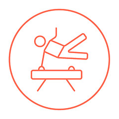 Image showing Gymnast exercising on pommel horse line icon.