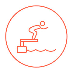 Image showing Swimmer jumping from starting block in pool line icon.