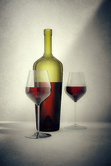 Image showing red wine bottle with two glasses