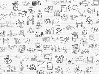 Image showing Grunge background: White Brick wall texture with Painted Hand Drawn Business Icons