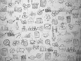 Image showing Grunge background:  wall texture with Painted Hand Drawn Business Icons