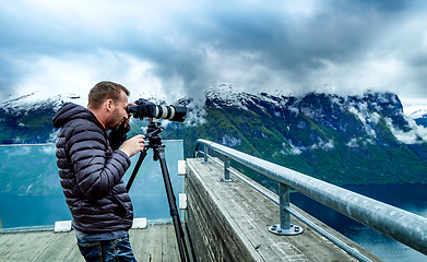 Image showing Nature photographer Stegastein Lookout Beautiful Nature Norway.