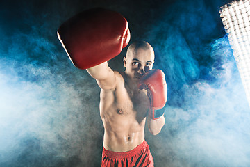 Image showing The young man kickboxing in blue smoke