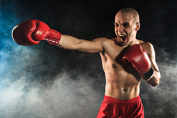 Image showing The young man kickboxing in blue smoke