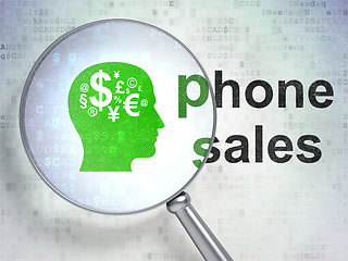 Image showing Advertising concept: Head With Finance Symbol and Phone Sales with optical glass