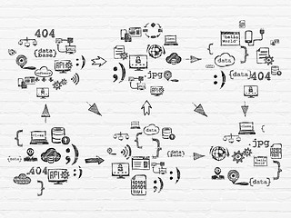 Image showing Grunge background: White Brick wall texture with  Hand Drawn Programming Icons