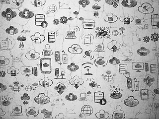Image showing Grunge background:  wall texture with Painted Hand Drawn Cloud Technology Icons
