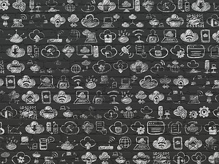 Image showing Grunge background: Black Brick wall texture with Painted Hand Drawn Cloud Technology Icons