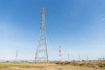 Image showing Power lines with blue sky