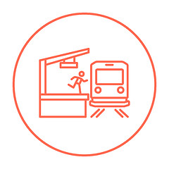 Image showing Latecomer man running along the platform to reach train line icon.