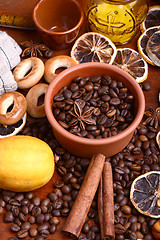 Image showing coffee beans and candle. lemon and cinnamon. anise and aroma spice