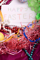 Image showing Easter background with eggs, ribbons and spring decoration