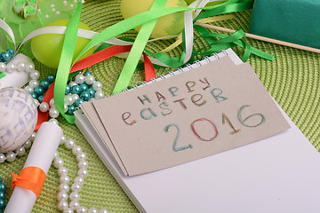 Image showing Easter eggs and invitation note. happy easter