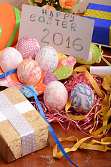 Image showing Easter background with eggs, ribbons and spring decoration