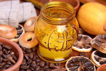 Image showing coffee beans and candle lemon on old vintage background