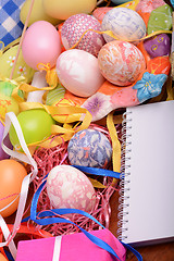 Image showing Easter background with eggs, ribbons and spring decoration