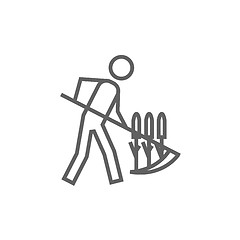 Image showing Man mowing grass with scythe line icon.