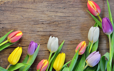 Image showing Colorful tulips on wooden