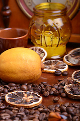 Image showing Vintage still life with coffee beans on wooden background