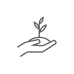 Image showing Hands holding seedling in soil line icon.