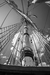 Image showing Mast with sails of an old sailing vessel, black and white photo