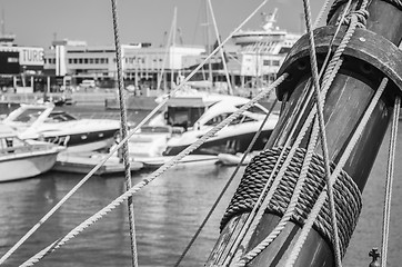 Image showing Blocks and rigging at the old sailboat, close-up