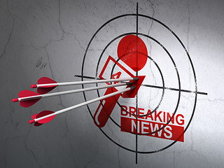 Image showing News concept: arrows in Breaking News And Microphone target on wall background