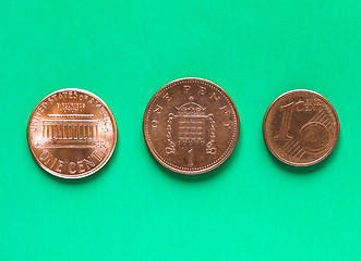 Image showing Dollars, Euro and Pounds - 1 Cent, 1 Penny