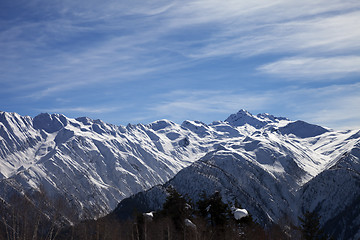 Image showing Sunlight snowy mountains in wind day