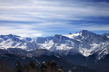 Image showing Sunlight snowy mountains in wind morning