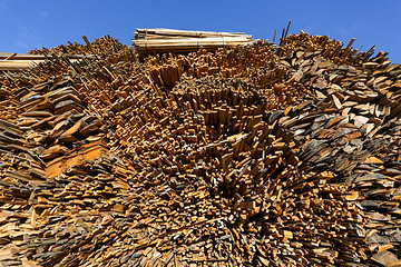 Image showing Low angle view of stacked planks