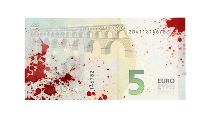 Image showing Close-up of a 5 euro bank note, stained with blood