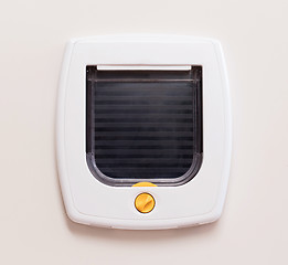 Image showing Inside view of a regular white cat flap, flap closed