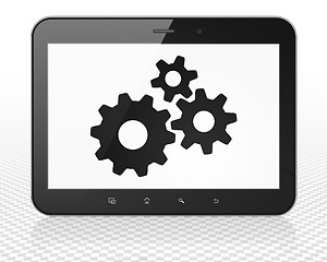 Image showing Advertising concept: Tablet Pc Computer with Gears on display