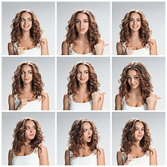 Image showing The collage from happy woman emotions on gray background