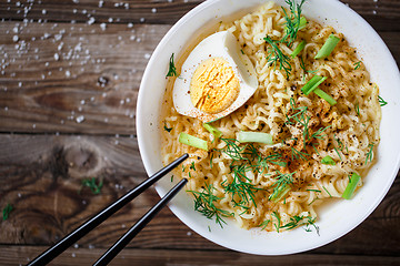 Image showing Asian noodles with fresh green onion and boiled egg