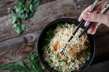 Image showing Chinese noodles. Top view.