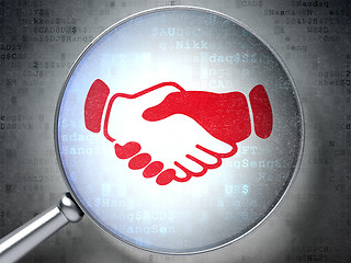 Image showing Business concept: Handshake with optical glass on digital background